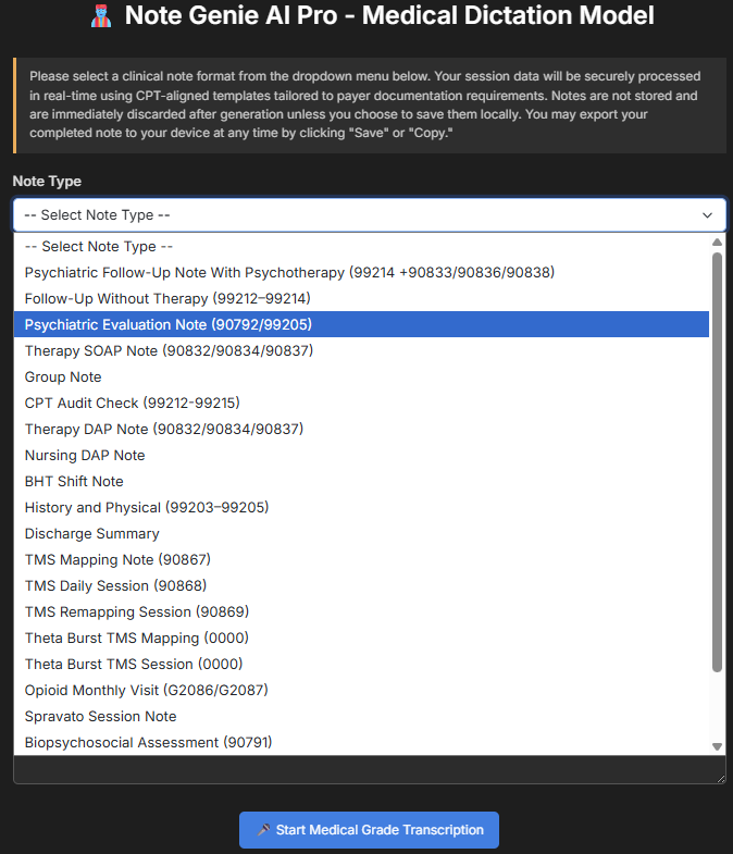 Select note type by CPT code